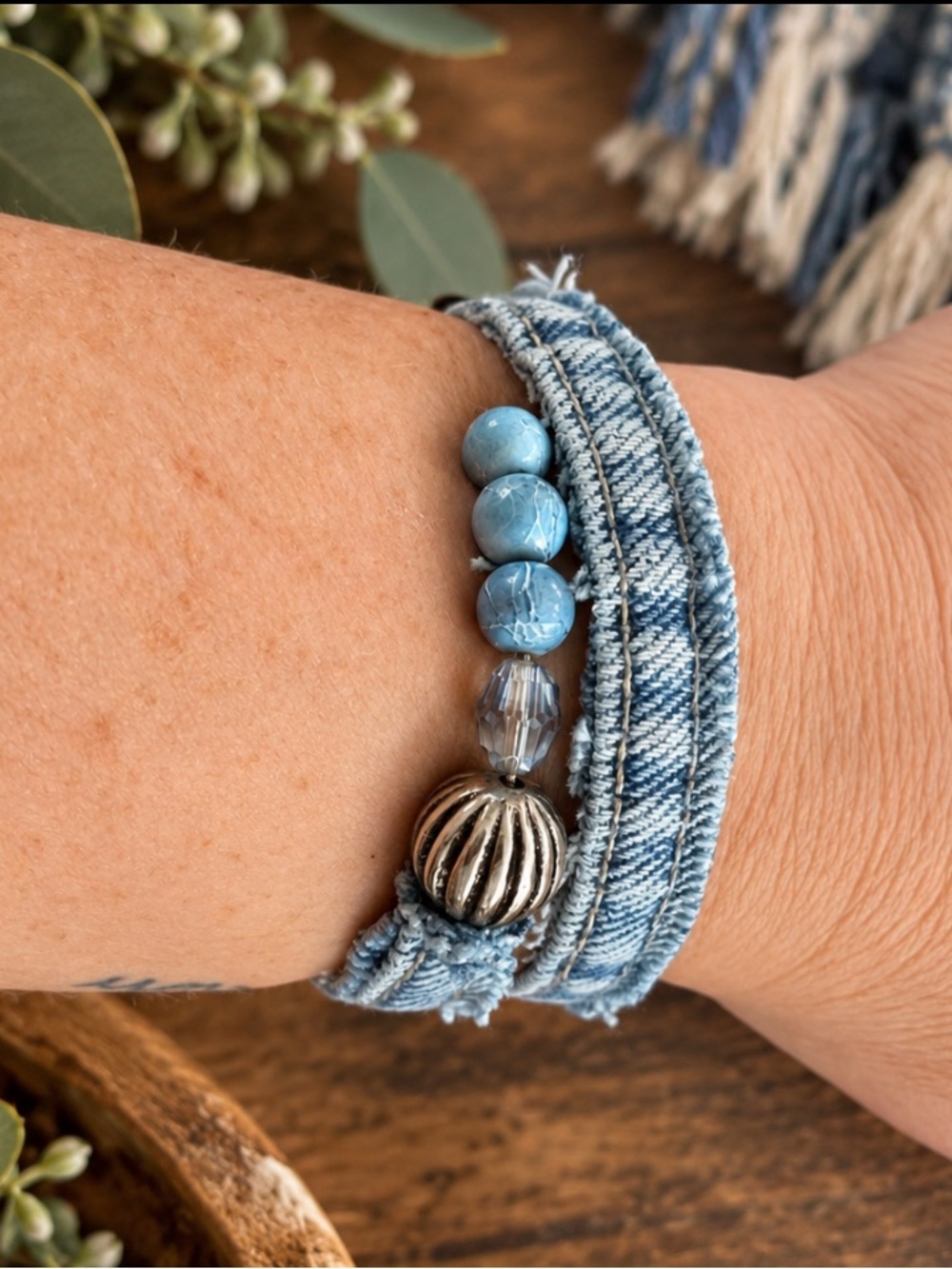 Denim Blue Wrap Bracelet with Light Blue Stone Beads